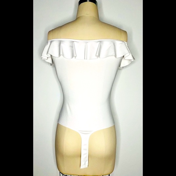 GUESS White Off-Shoulder Ruffle Stretch Bodysuit - Picture 7 of 9